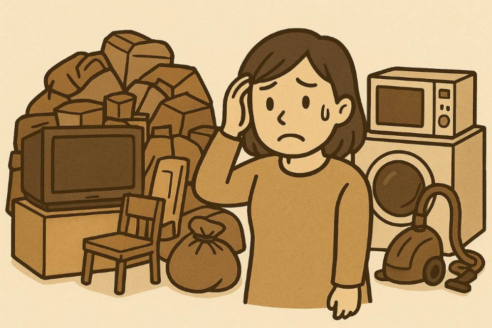大量の不用品（テレビ、椅子、洗濯機など）を前に困り顔の女性のイラスト