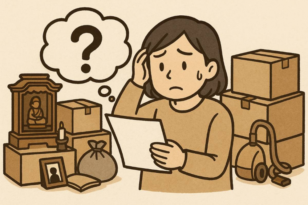 遺品整理をどのように進めたら良いかわからず困っている女性
