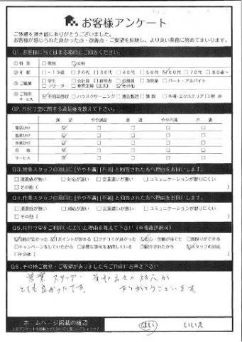 大阪市東成区 M様M様 不用品回収「営業スタッフの方々の対応がとても良かったです。」のお客様の声アンケートシート