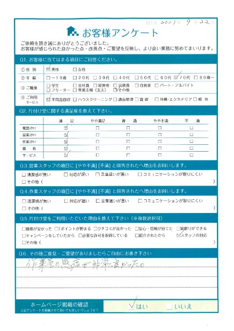 世羅町U様空き家整理に伴う不用品回収「作業員の態度が非常に良かった」のお客様の声アンケートシート