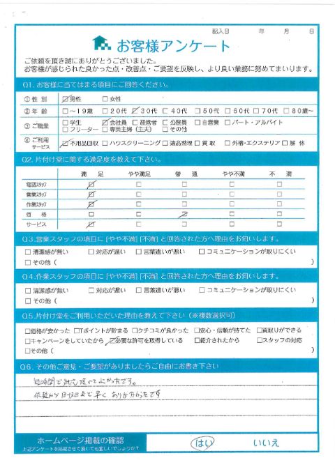 川崎市川崎区A様引っ越しに伴う不用品回収作業「短時間で対応頂けて良かったです。」のお客様の声アンケートシート