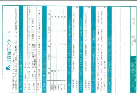 大山町K様お家の片付けに伴う不用品回収「手際よく綺麗にしてもらえました」のお客様の声アンケートシート
