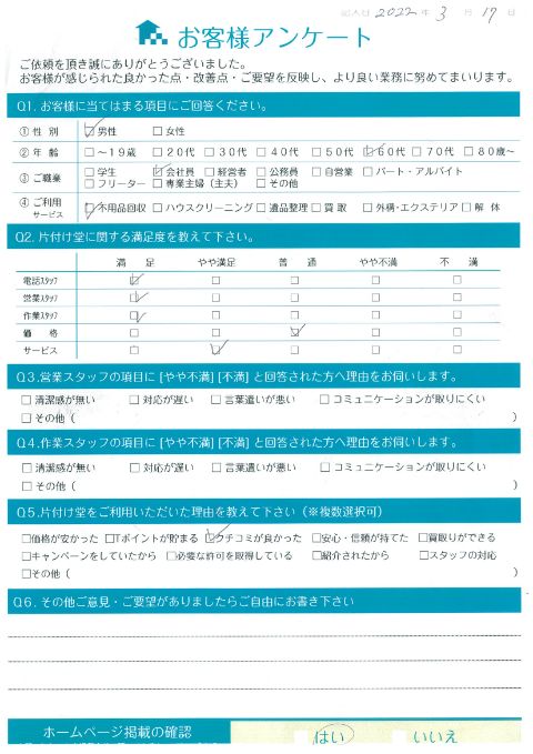 高崎市H様引越しに伴うベッド処分「助かりました、ありがとうございました」のお客様の声アンケートシート