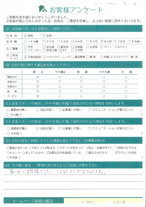 大阪市鶴見区N様退去に伴う不用品回収「軽く掃除までしてくれて助かりました」のお客様の声アンケートシート