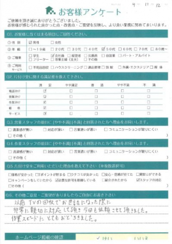 大阪市城東区H様片付けに伴う不用品回収「作業スピードに驚きました」
