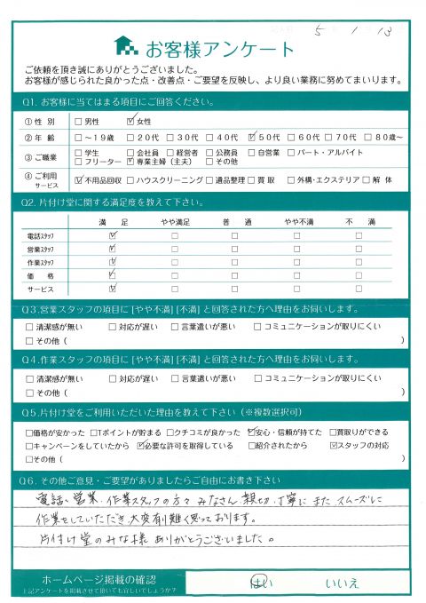 退去に伴う粗大ごみ回収「みなさん丁寧で、本当に助かりました。」