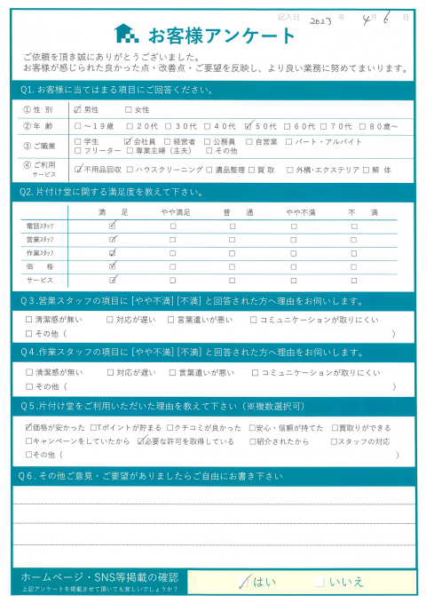 三原市II様ごみ屋敷整理に伴う不用品回収「サービスも価格も満足です」のお客様の声アンケートシート