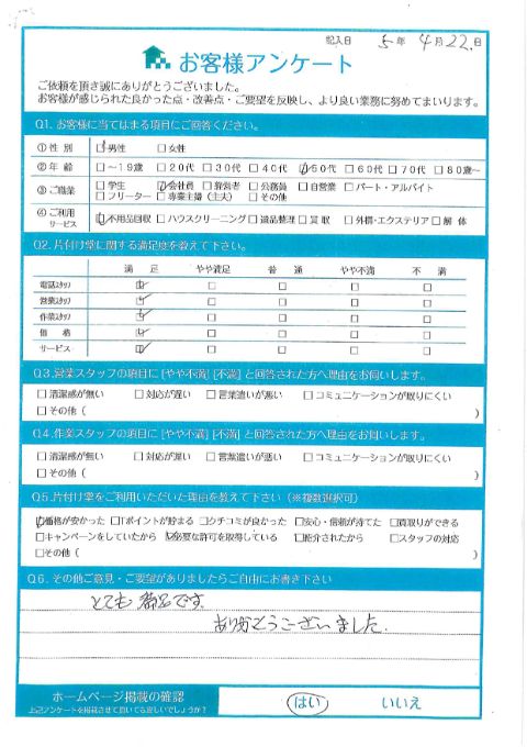 川崎市中原区S様引っ越しに伴う大型家具などの不用品回収「とても満足です。ありがとうございました。」