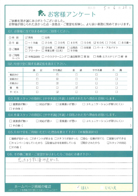 大阪市東成区T様片付けによる不用品回収「思ったより早く済み良かった」