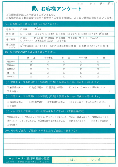 川本町K様お部屋のお片付けに伴う不用品回収「暑い中ありがとうございました。」のお客様の声アンケートシート