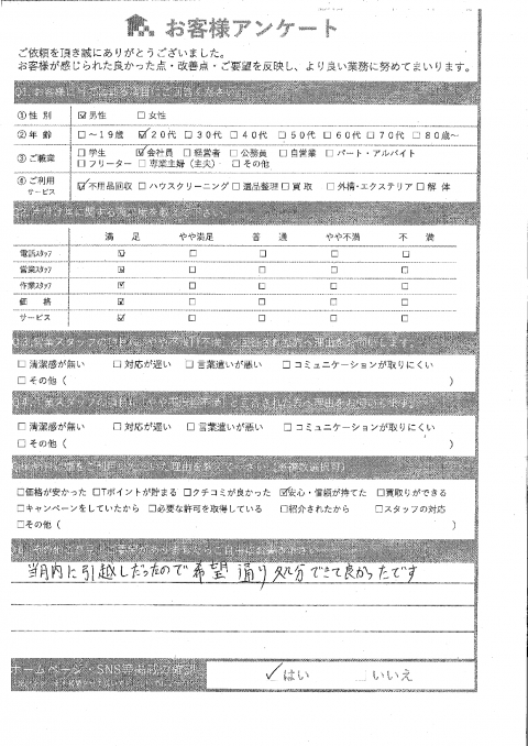 大阪市淀川区H様引越しに伴う不用品回収「今月中に作業してもらい助かりました」