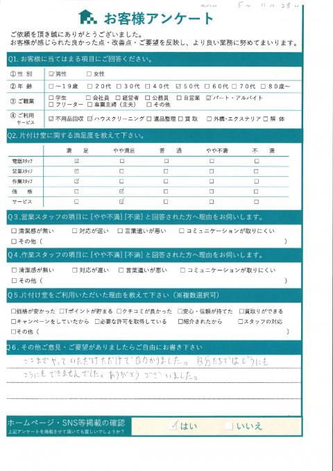 大阪市旭区H様断捨離に伴う不用品回収「ありがとうございます」