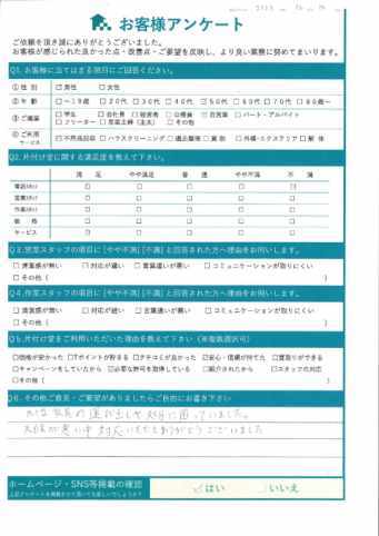 大阪市港区T様家丸ごとの片付け「天候が悪い中ありがとうございました」