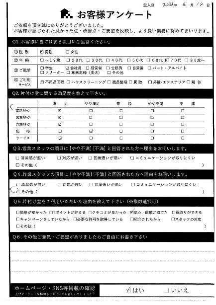 港区S様営業担当者の対応が素早くて、作業も丁寧だった。のお客様の声アンケートシート