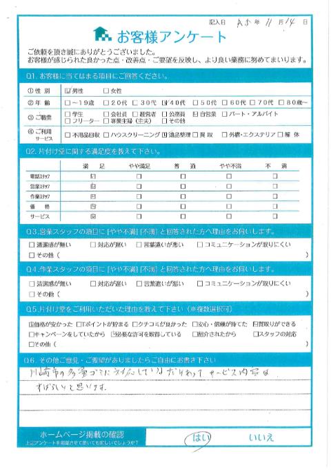 川崎市宮前区K様遺品整理に伴う不用品回収「川崎市の多量ごみに対応しているだけあってサービス内容は素晴らしいと思います。」