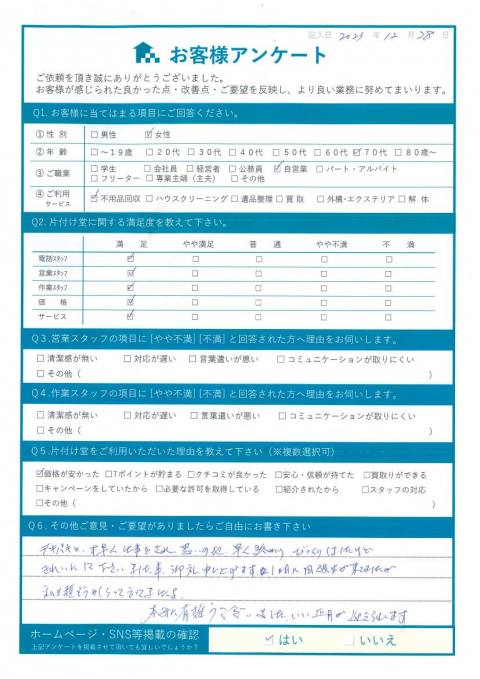 不用品の処分「テキパキと早く仕事をされました」