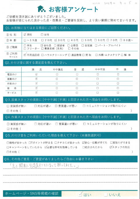 大阪市淀川区W様引越しに伴う不用品回収「御社の作業実績のブログを見ました」