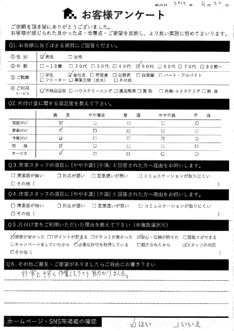 大阪市東成区M様引越しに伴う不用品回収「すごく!早いですね」