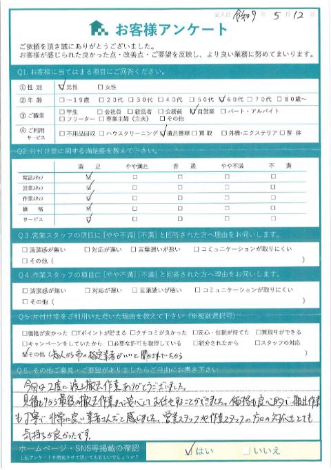 川崎市多摩区K様お家の売却に伴う不用品回収「安心してお任せすることができました」