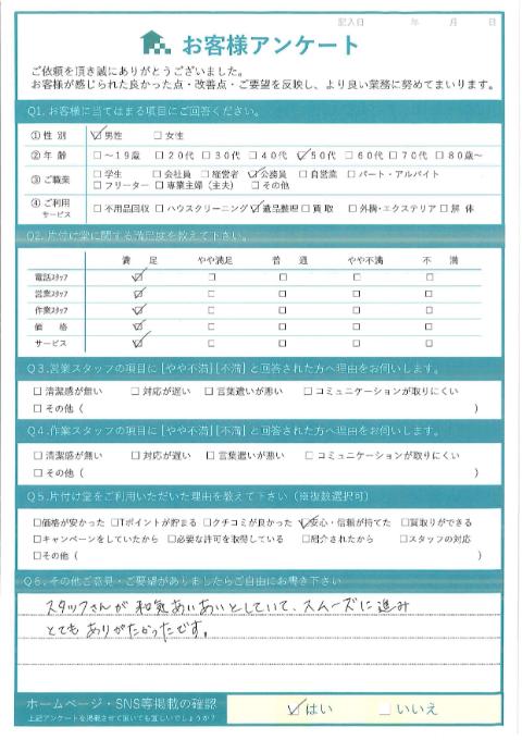 川崎市中原区M様遺品整理伴う不用品処分「とてもありがたかったです。」